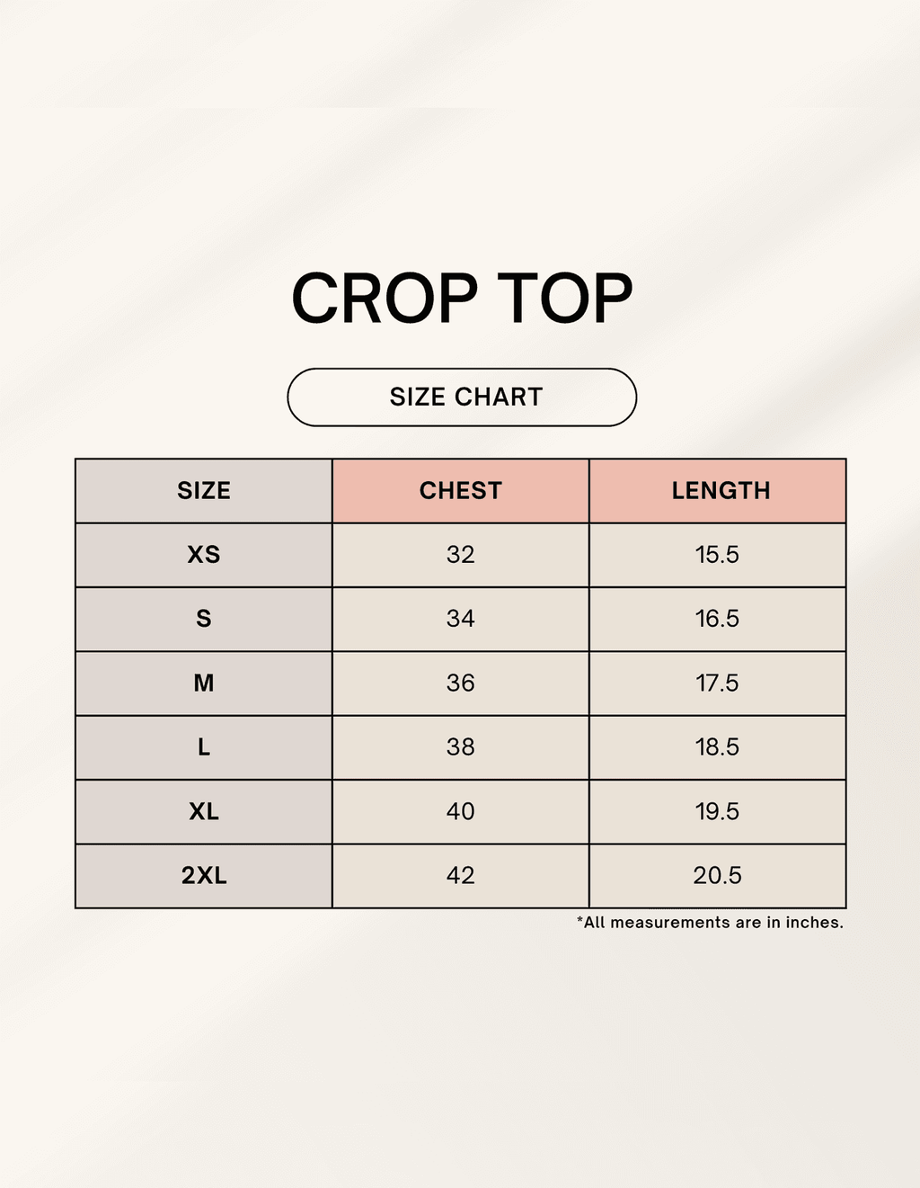 Size chart for women's crop top with measurements in inches
