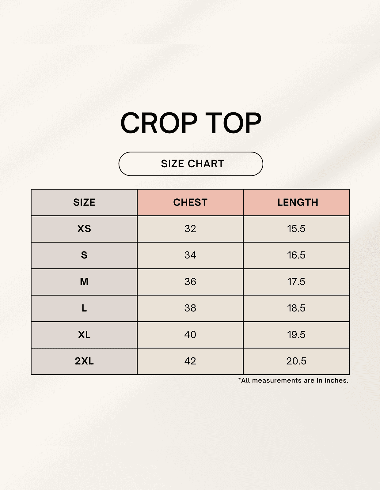 Size chart for women's crop top with measurements in inches
