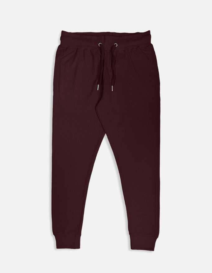 Maroon unisex joggers with ribbed waist and cuffs