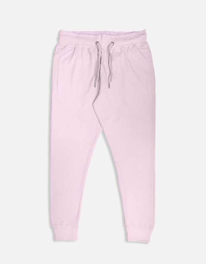 Pink unisex joggers with ribbed waist and cuffs, relaxed fit, cotton fabric