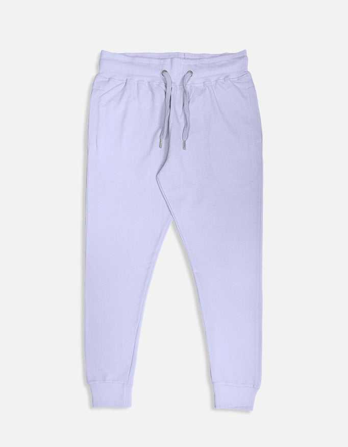 Lavender unisex joggers with ribbed waist and cuffs, relaxed fit, cotton fabric